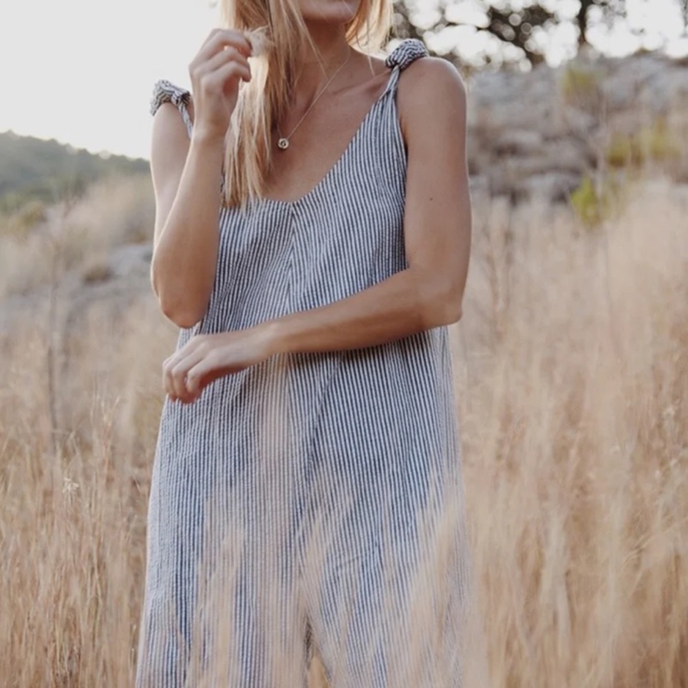 Striped Wide-Leg Jumpsuit with Tie Shoulders - Gray